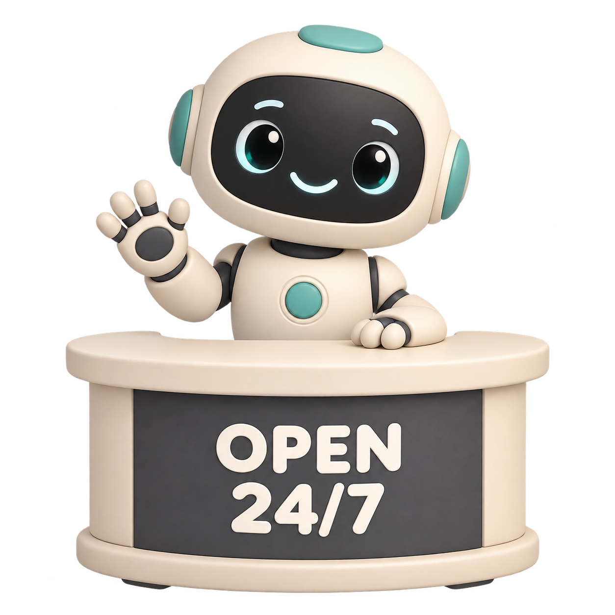 Simpático recepcionista virtual con cartel abierto 24/7